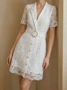 Elegant Open-Front Blazer Collar Dress With Luxurious Waist Belt And Flare Sleeve For Women White - White - View 1