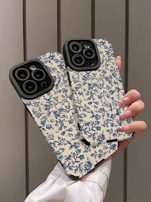 花朵图案 1 件装 复古蓝色花卉竖款仿皮软保护手机壳 兼容苹果 15/15 Plus/15 Pro/15 Pro Max - 彩色 - 查看 4