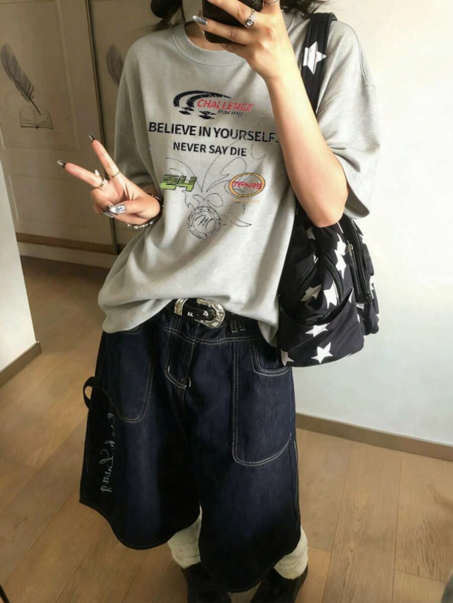 2026 Summer New Women's Round Neck Casual Loose American Print Letter Graphic Street Versatile College Student Short Sleeve T-Shirt, 1 Piece - Light Gray - View 1