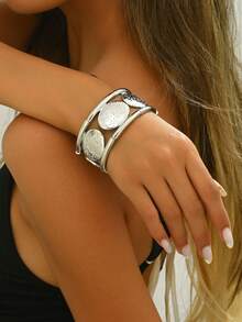 1 件中东时尚创意金属几何圆形金色/银色和紫红色拼接撞色弹性手链，女士日常派对佩戴 - 玫紅色 - 查看 20