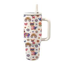mikenda 1pc 40oz Cute Cartoon Dog & Rainbow Print Stainless Steel Tumbler With Handle & Straw Lid, Vacuum Insulated Travel Mug, Large Capacity Thermal Water Bottle, Keep Hot 12H Cold 24H, Fits Car Cup Holder, Gift For Women & Girls - White - View 2
