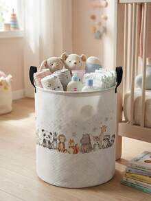 1pc Foldable Round Storage Basket With Handles, Cute Animal Pattern, Large Capacity Multi-Purpose Storage Bin For Nursery, Baby Diaper, Clothes, Toys And Accessories Organization - Multicolor - View 20