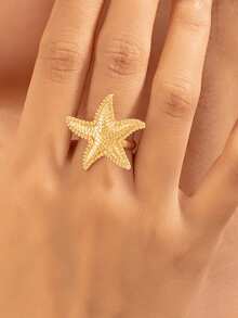 1pc Ocean Style Sea Turtle & Starfish Fashion Open Ring, Beach Vacation Single Ring - Gold - View 2
