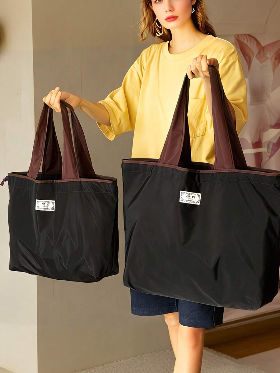 1pc Large Capacity Drawstring Shopping Bag, Waterproof Nylon Reusable Grocery Tote, Foldable Adjustable Shoulder Strap Handbag For Daily Use, Women Tote Bag, Foldable Shopping Bag, Beach Bag, Camping Travel Accessory, Mother's Day Gift, Personalized Gift