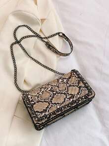 1pc Snake Skin Magnetic Closure Square Shoulder/Crossbody Bag With Chain Strap, Embroidered Solid Color Chain Strap Women's Handbag With Fish Bone Embroidery, Suitable For Work And Dates - Khaki - View 6