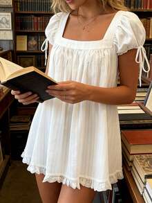 Women's Square Neck Puff Sleeve Babydoll Top Lace Trim Ruffle Hem Blouse Summer Casual Flowy Tunic Top For Beach Vacation - 白色 - 查看 4