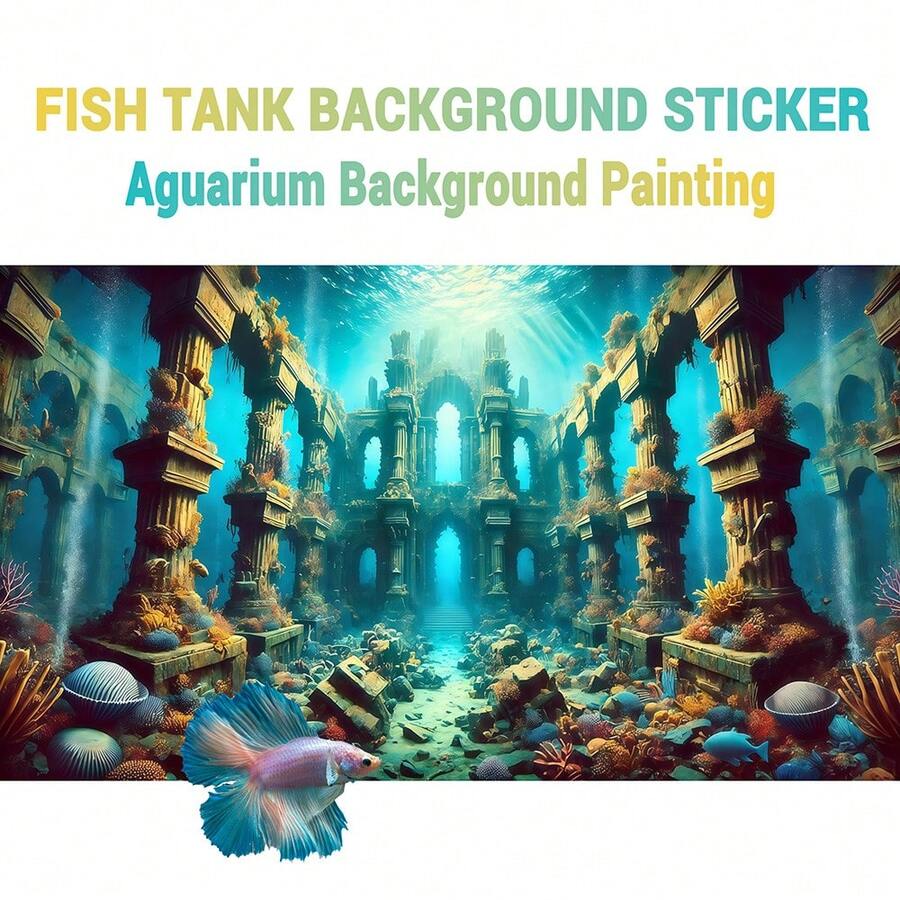 沉没的寺庙，水族箱背景画，水族箱背景贴纸，爬行动物饲养箱背景贴纸，自粘正面，水族箱景观装饰，水族箱装饰品