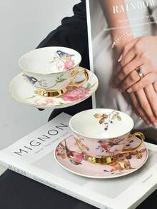 一套骨瓷金彩花鸟图案陶瓷咖啡杯碟，美式拿铁杯碟，家用水杯，下午茶咖啡杯，节日礼物，生日祝福，派对用品 - 彩色 - 查看 2