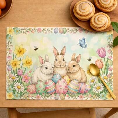 4 件套复活节主题餐垫，饰有可爱的兔子图案、花卉和复活节彩蛋设计，适合派对用餐和复活节装饰。尺寸：30x45 厘米，适用于季节性家居装饰、节日餐桌装饰、乡村风格，可水洗且经久耐用。是理想的礼物之选。