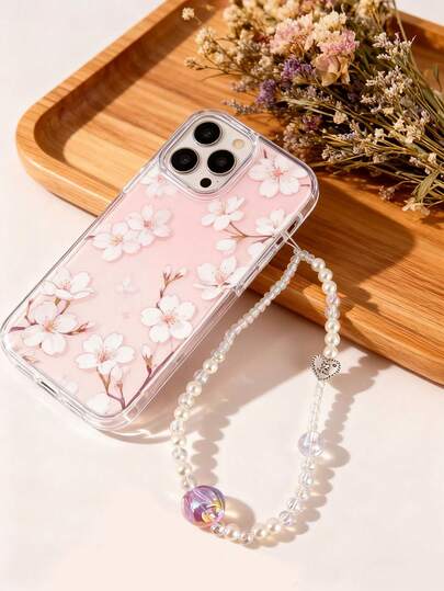 1件 幻彩粉紫色心形珍珠串珠手机挂绳，精致腕链，包包挂饰