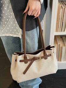 女士时尚大容量编织帆布搭扣单肩手提包 - 咖啡 - 查看 6