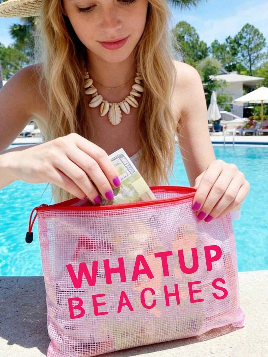 多色防水时尚网布沙滩包,化妆包,印有“WHATUP BEACHES”字样,沙滩主题,大容量透明化妆包,轻便防晒收纳包,沙滩必备,带尼龙拉链的洗漱包,适合游泳、沙滩、潜水和暑假,学生返校季,生日、节日、派对、婚礼(伴娘)的完美礼物和纪念品 - 彩色 - 查看 1