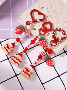 1pc Heart Beaded Keychain, Strawberry Cake Keyring, Keychain, Bag Charm - Multicolor - View 1