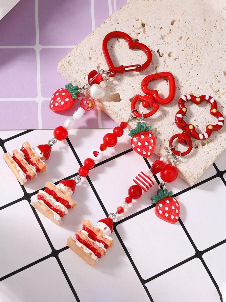 1pc Heart Beaded Keychain, Strawberry Cake Keyring, Keychain, Bag Charm - Multicolor - View 1
