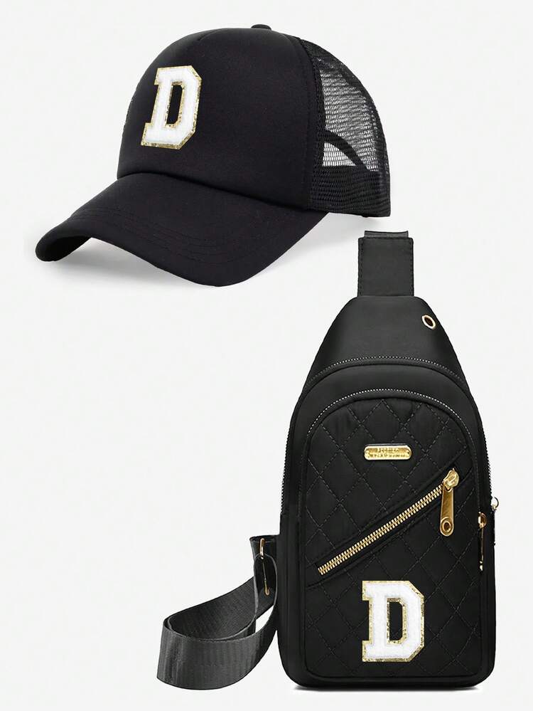 2pcs Adult Gift Set, Personalized 26 Letter Decor Sun Visor Cap + Letter Crossbody Bag, Suitable For Daily Commute, Hiking, Camping, Outdoor Street Wear, Applicable For Spring And Summer Casual Outfits,Beach,Holiday,Festival,Travel - Black - View 25
