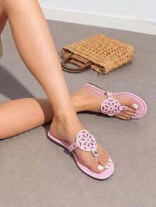 Women Flip Flops Slip On Thong Slides Flat Sandals Hollow Carved Upper Comfortable Soft Cushion Summer Vacation Daily Causal Slide Shoes - 粉色 - 查看 3