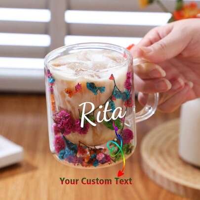 Customized Text & Petal Design High-Value Dual-Layer Glass Cup, Creative High Borosilicate Glass Cup With Real Flowers