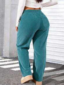 Women's New Elegant Fashion Corduroy Casual Long Pants, Solid Color With Drawstring Pockets, Comfortable Style Sports - Teal Blue - View 2