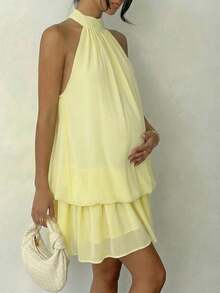 浅黄色无袖荷叶边迷你连衣裙，轻盈飘逸，适合夏季孕妇派对、聚会和日常穿着。 - 黃色 - 查看 10
