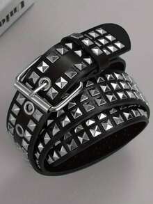 1件男女通用铆钉腰带，金属方珠金字塔腰带，欧美朋克风格配饰 - 黑色 - 查看 14