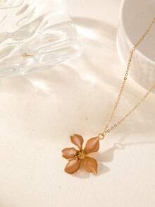 1pc Fashion Teardrop Glazed Pink & Red Flower Pendant Necklace, Burgundy Flower Charm Necklace, Daily Wear Accessory For Women - Multicolor - View 11