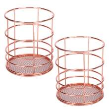 2Pcs Pen Holder Round Rose Gold Desktop Storage Basket Metal Mesh Makeup Organizer Box - Multicolor - View 3