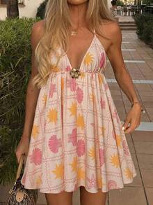 Vestido de tirantes finos casual de verano, vestido corto de línea A con estampado de elementos oceánicos y hebilla metálica para mujer, adecuado para vacaciones, playa y fiestas elegantes - Multicolor - Ver 1