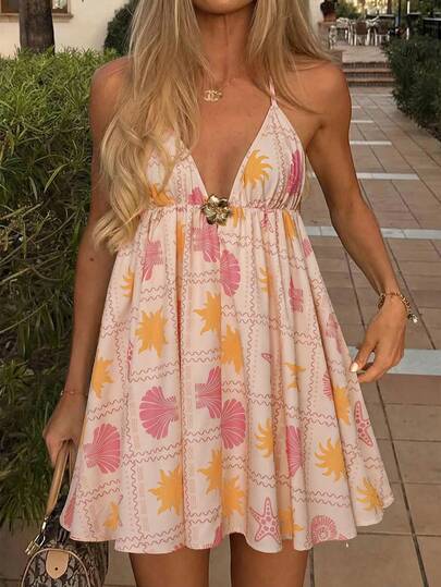 Summer Casual Vacation Spaghetti Strap Dress, Women's Ocean Element Printed Metal Buckle Beach Outfit A-Line Short Dress, Suitable For Vacation & Beach