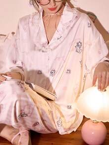 Gongdie Disney 迪士尼玛丽猫印花纯棉睡衣套装（2件套），长袖，春秋季 - 粉色 - 查看 3