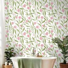 1卷粉色郁金香图案自粘壁纸，多色壁纸，可移除乙烯基墙贴，适用于客厅、卧室、厨房墙面装饰。直接粘贴，可移除壁纸，尺寸45厘米*500/300/100厘米 - 粉紅色 - 查看 2