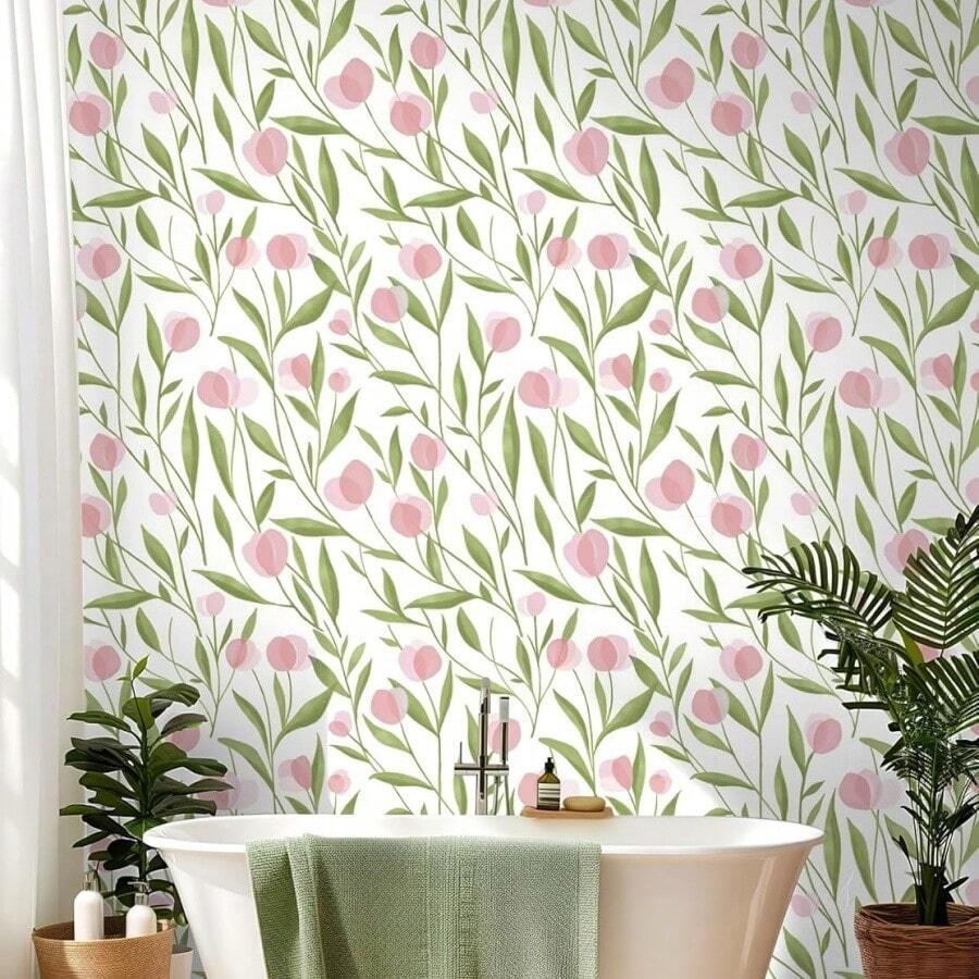 1卷粉色郁金香图案自粘壁纸，多色壁纸，可移除乙烯基墙贴，适用于客厅、卧室、厨房墙面装饰。直接粘贴，可移除壁纸，尺寸45厘米*500/300/100厘米
