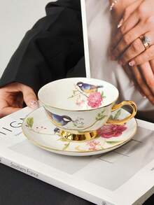 一套骨瓷金彩花鸟图案陶瓷咖啡杯碟，美式拿铁杯碟，家用水杯，下午茶咖啡杯，节日礼物，生日祝福，派对用品 - 彩色 - 查看 13