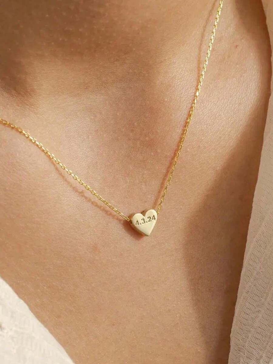 1pc Customized Carved Heart Pendant Necklace, Gift For Her, Mother's Day Gift, Anniversary Gift, Special Occasion Necklace, Personalized Heart Pendant, Carved Name & Date Women's Gift - Gold - View 1