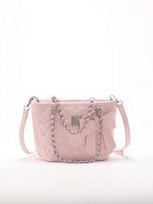 1个粉色高品质PU心形缝线设计链条水桶包，可爱蝴蝶结装饰，多功能手提包，适合日常、通勤、购物、约会、下午茶等各种场合。 - 粉色 - 查看 9