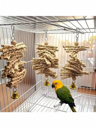 1/2/3pcs Parrot, Tiger Striped, Mynah, Small Bird Corn Husk Woven String With Bell Chew Toy For Birds