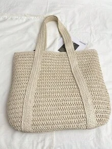 Women's Fashion Large Capacity Woven Vacation Style Hollow Out Straw Tote Bag - White - View 11