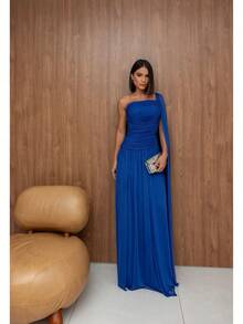 Long, One-Shoulder Party Dress In Dark Nude, Flowing Style, For Bridesmaids/Dates/Graduations/Guests. - Royal Blue - View 3