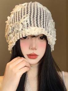 1顶春夏新款3D立体花卉刺绣镂空透气轻便宽檐女帽 - 白色 - 查看 2
