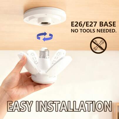 1个可折叠E27 LED车库灯，AC85-265V电压，28W功率，适用于家庭吸顶灯，E26四叶灯头，迷你可折叠灯，高亮度，小巧尺寸