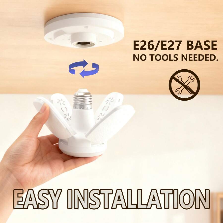 1pc Foldable E27 LED Garage Light, AC85-265V Voltage, 28W Power, Suitable For Home Ceiling Light, E26 4-Leaf Light, Mini Foldable Light, High Brightness, Compact Size
