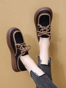 Mocasines con plataforma para mujer, suela gruesa, estilo británico, para primavera/otoño - Negro - Ver 4