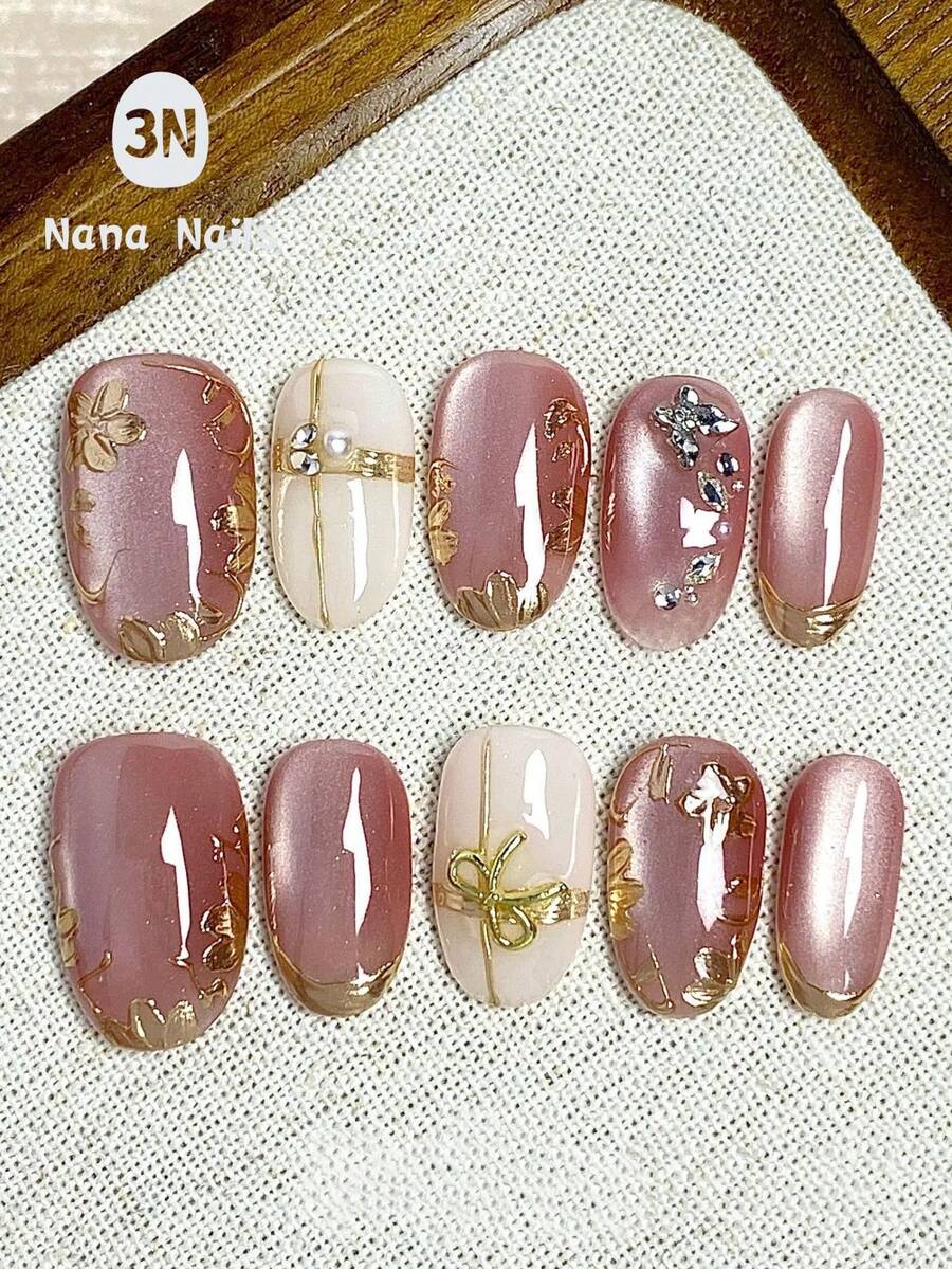 1 Gói/10 Móng Tay Giả Hình Mèo Ngắn, Hình Bầu Dục, Có Bột Gương Ma Thuật & Hoa Vẽ Tay | Móng Giả Kiểu Pháp Thủ Công Bán Chạy Nhất Dành Cho Bé Gái Và Phụ Nữ - Màu Hồng  Dưa hấu - Xem 1