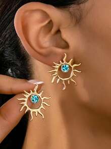 1 Coppia di eleganti orecchini a bottone con strass a forma di sole, gioielli minimalisti adatti per uso casual, vacanze, appuntamenti e occasioni festive - Dorato - Visualizzare 1