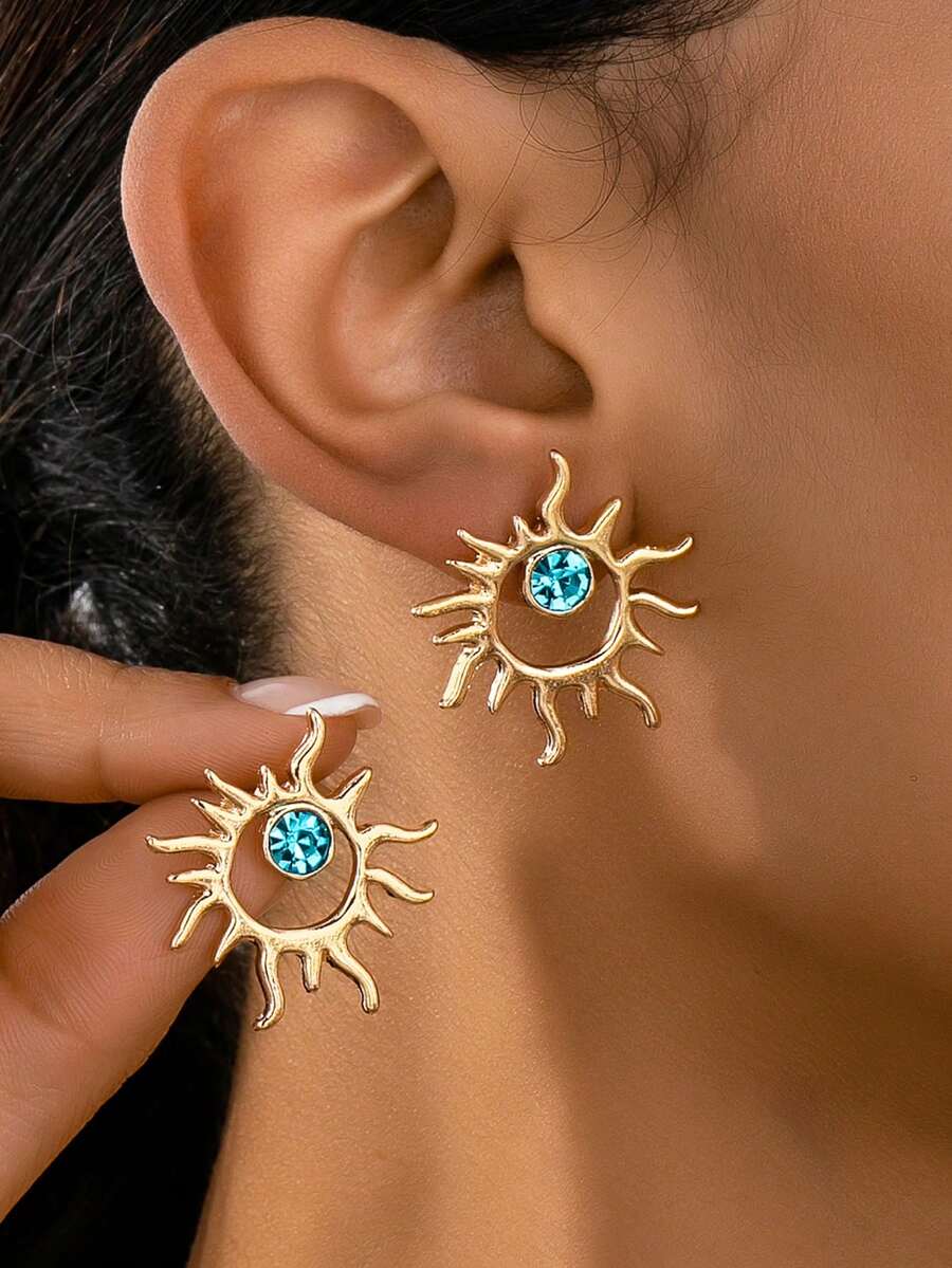 1 Coppia di eleganti orecchini a bottone con strass a forma di sole, gioielli minimalisti adatti per uso casual, vacanze, appuntamenti e occasioni festive - Dorato - Visualizzare 1