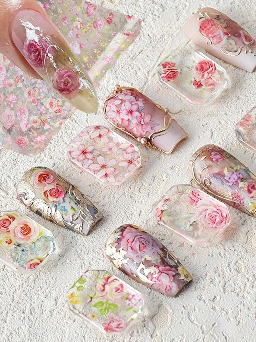 6片/包 花朵美甲贴纸，美甲转印贴纸，春季花卉美甲用品，美甲贴纸，亚克力美甲装饰DIY - 彩色 - 查看 1