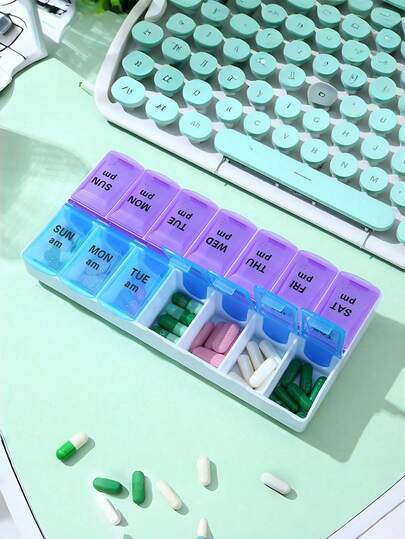 1PC Double Row Portable Small Medicine Box Seven Days A Week Portable Large Capacity Medicine Box 14 Compartments Open Lid Medicine Storage Box