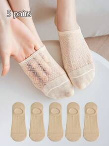 5双装女士薄款透气网眼隐形防滑黑色夏季袜子 - 黑色 - 查看 10