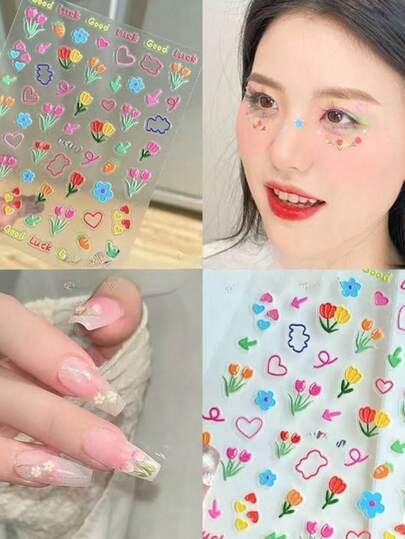 1pc Embossed Floral Face Sticker, Cartoon Tulip, Heart, Butterfly Super Cute 3D Stereo Sticker, Suitable For Y2K, Carnival, Face Sticker, Stereo Sticker, Decorative Sticker