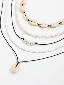 Set de 5 collares de estilo bohemio para vacaciones en la playa, collares multicapa de perlas falsas para mujeres - Negro - Ver 5