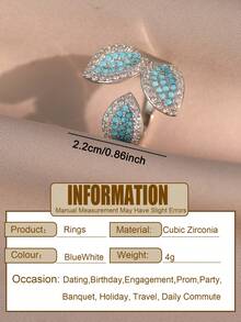1枚奢华叶形设计蓝色立方氧化锆订婚戒指，高贵独特的开口戒指，适合女性商务、大学、度假、派对和日常佩戴。 - 湖藍 - 查看 4